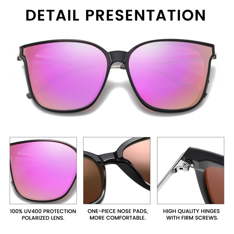 DUCO Oversized Polarized Sunglasses Womens Trendy Mirrored Shades Retro Round Vintage Light Weight UV400 Sun Glasses W016 (02- Black Frame Revo Pink Lens) - Image 4